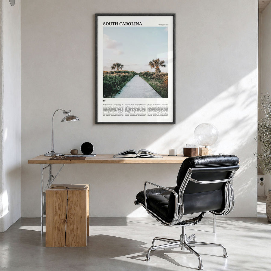 South Carolina Travel No 1 Poster in a black wood frame, hanging in a bright home office