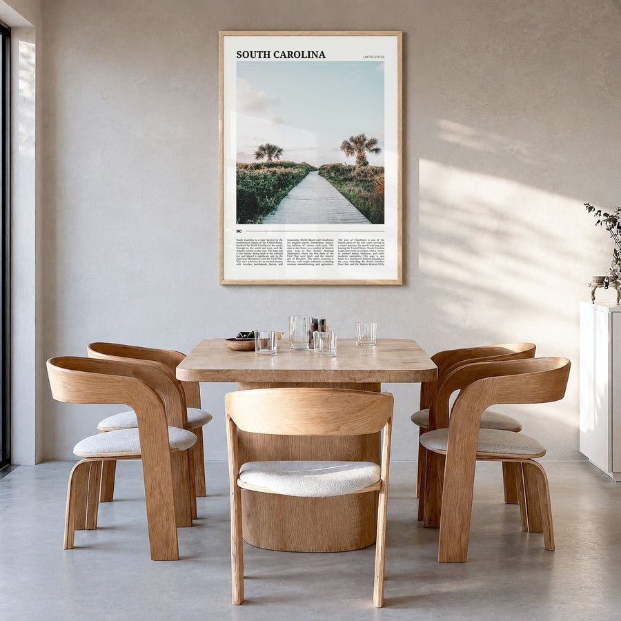 South Carolina Travel No 1 Poster in a natural wood frame, hanging in a dining room
