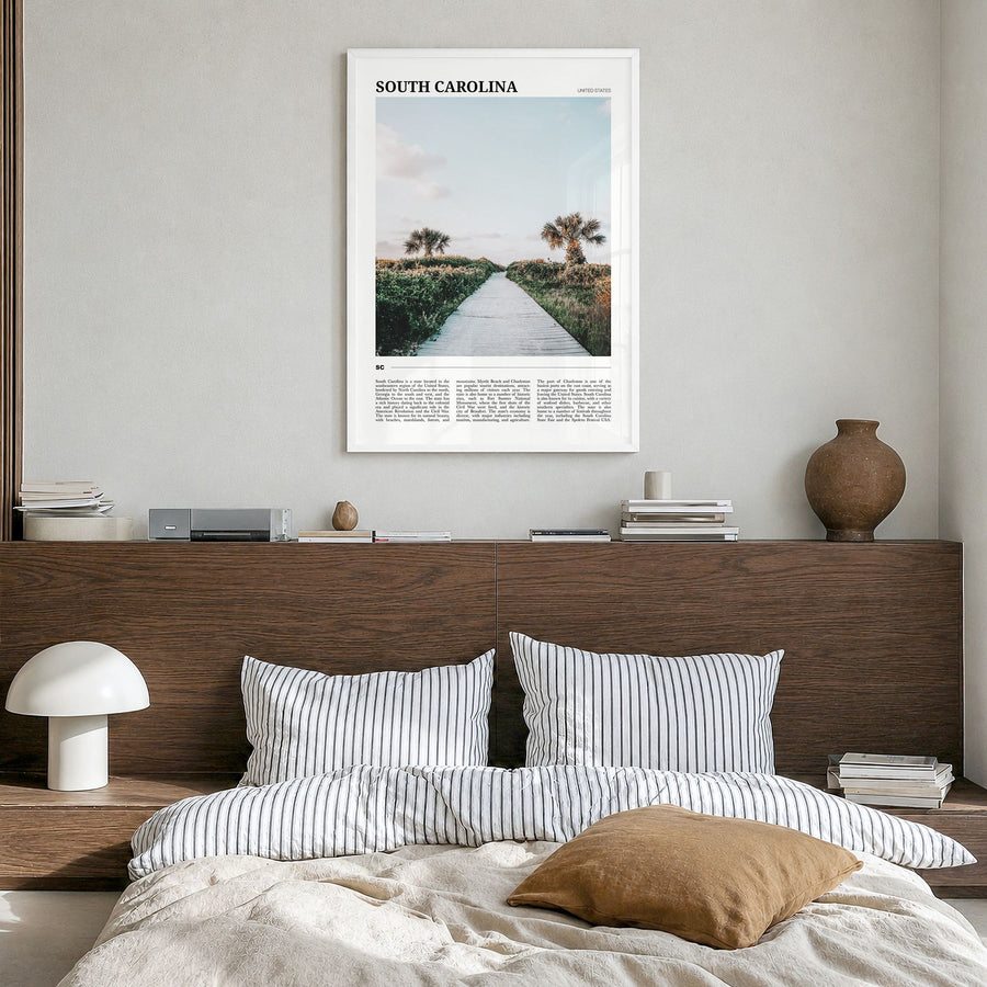 South Carolina Travel No 1 Poster in a white wood frame, hanging in a bedroom