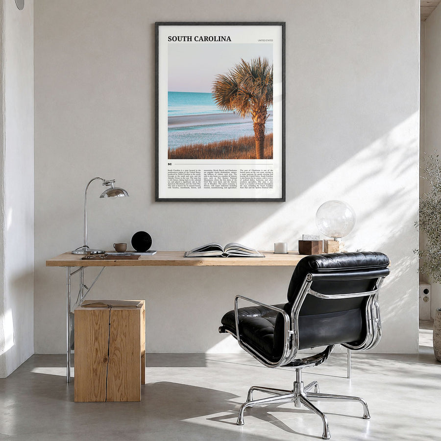South Carolina Travel No 2 Poster in a black wood frame, hanging in a bright home office