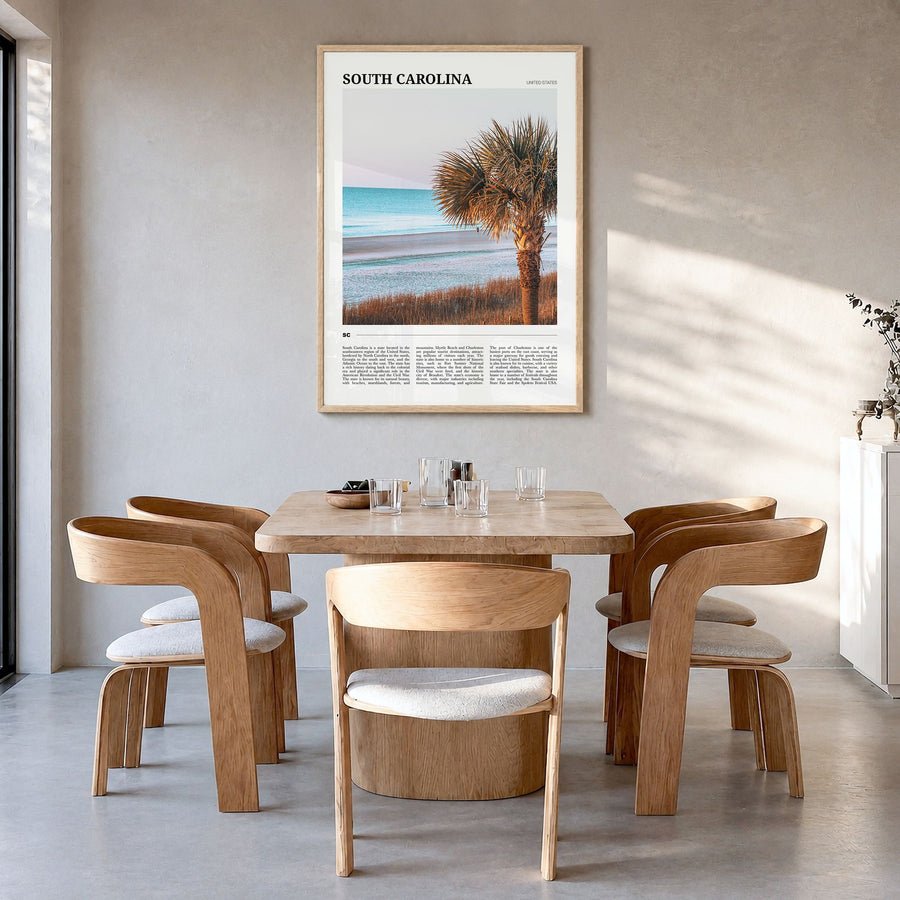 South Carolina Travel No 2 Poster in a natural wood frame, hanging in a dining room