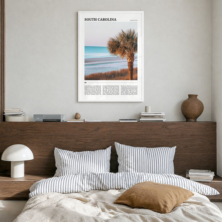South Carolina Travel No 2 Poster in a white wood frame, hanging in a bedroom