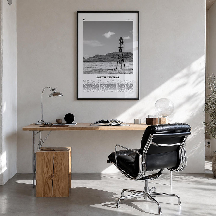 South Central black & white newspaper poster of California, USA – vertical wall art in black wood frame, hanging on wall