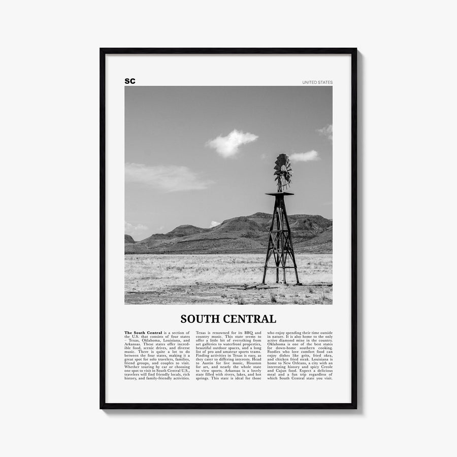 South Central black & white newspaper poster of California, USA – vertical wall art, unframed print shown in interior mockup