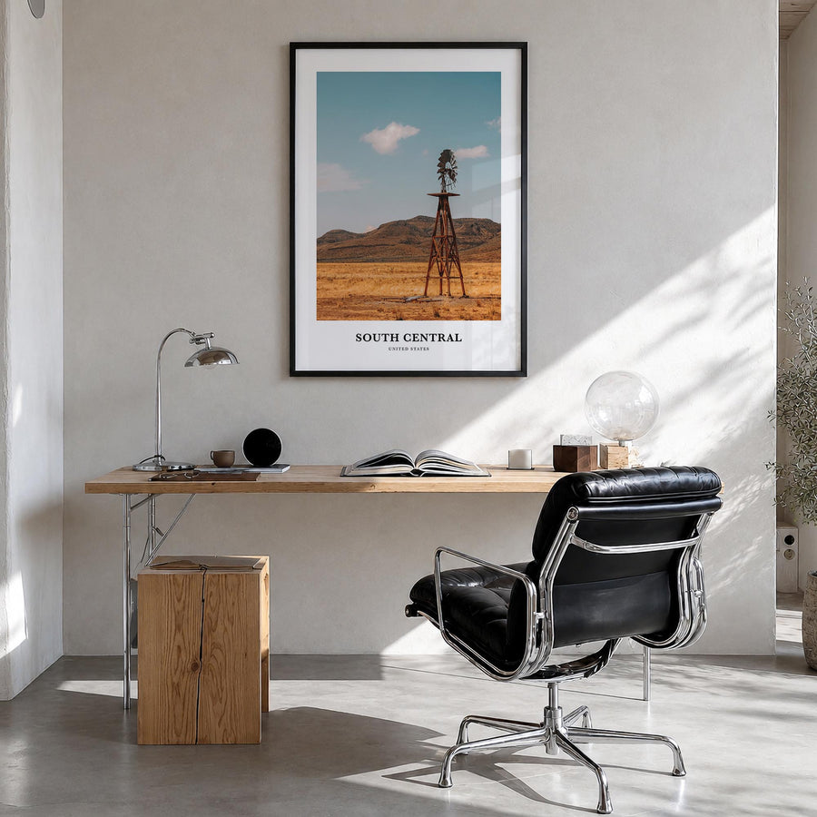 South Central colorful classic poster of California, USA – vertical wall art in black wood frame, hanging on wall