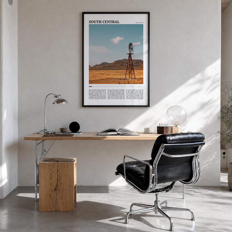 South Central colorful travel poster of California, USA – vertical wall art in black wood frame, hanging on wall