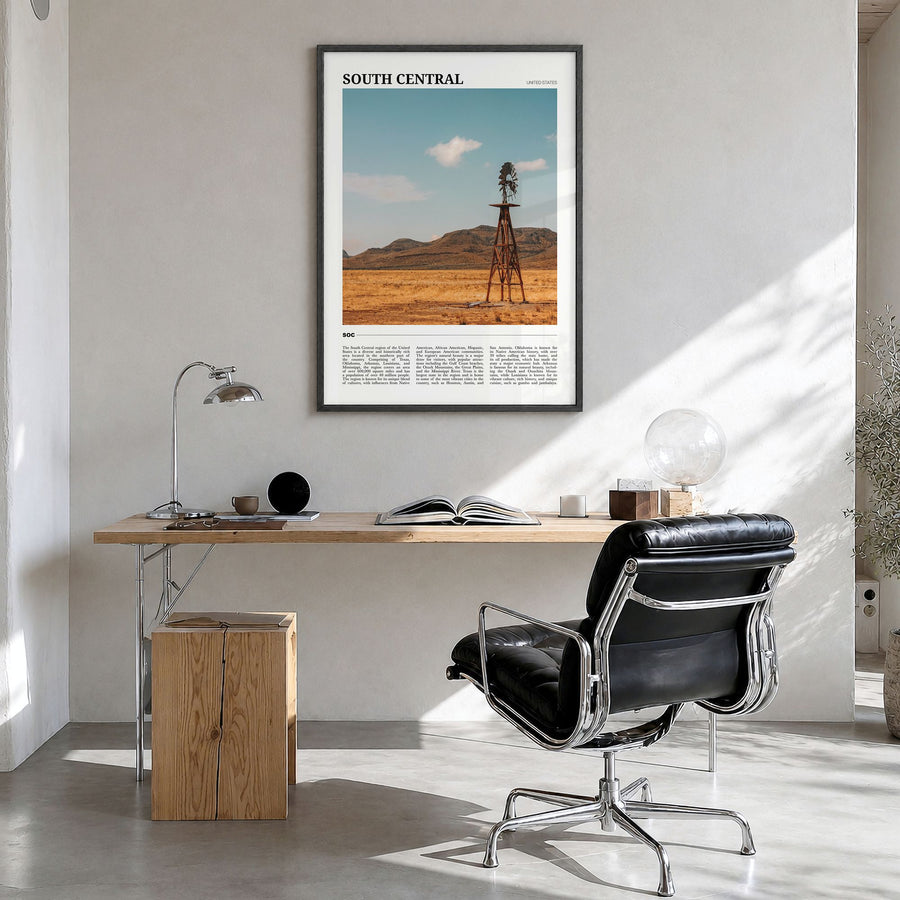 South Central Travel Poster in a black wood frame, hanging in a bright home office