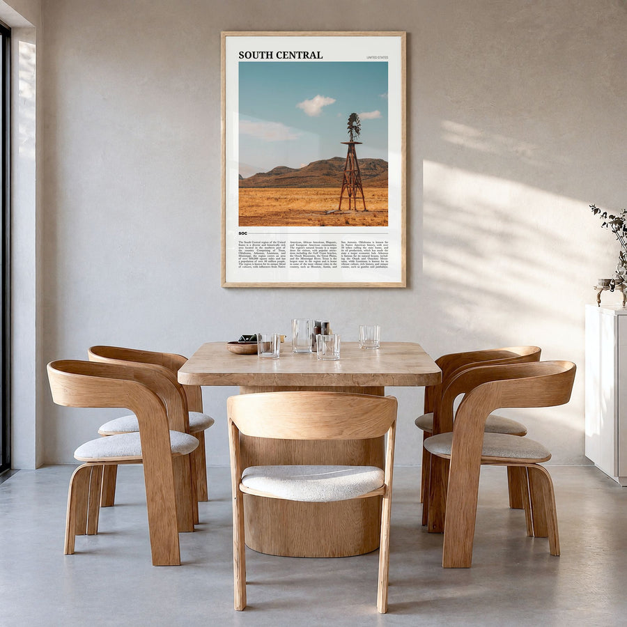 South Central Travel Poster in a natural wood frame, hanging in a dining room