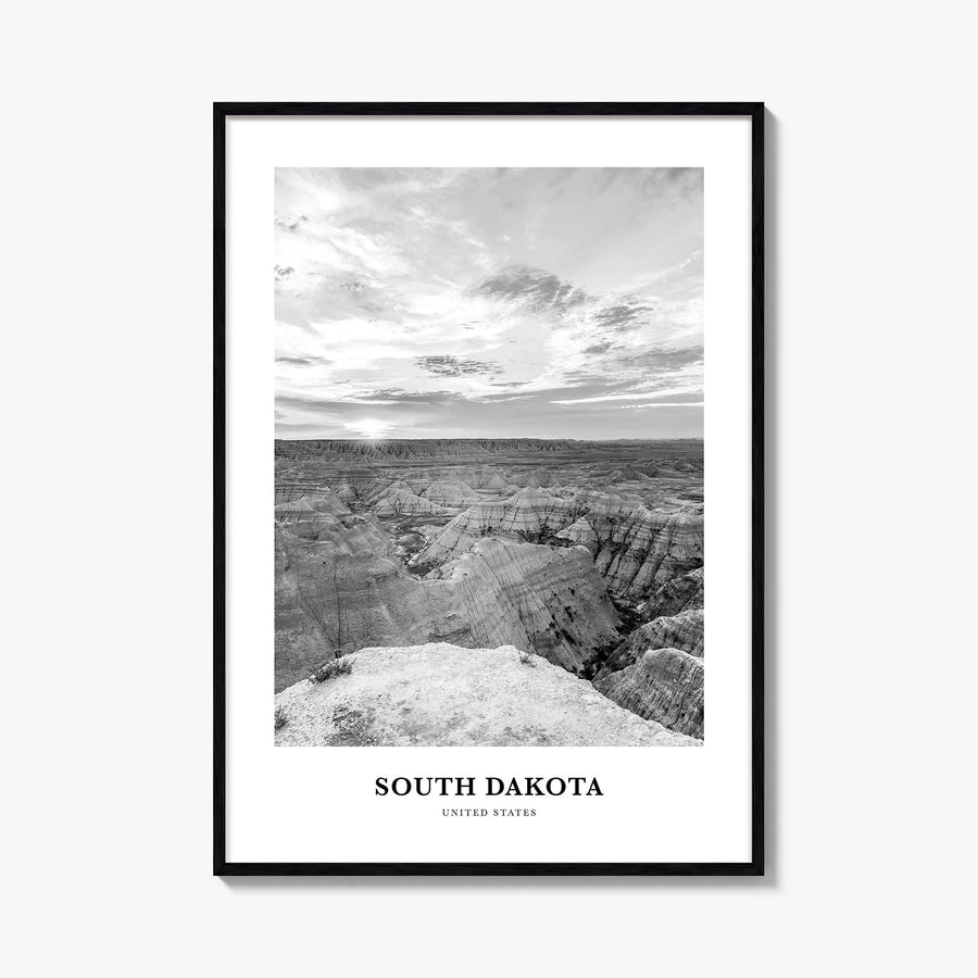 South Dakota black & white classic poster of United States – vertical wall art, unframed print shown in interior mockup