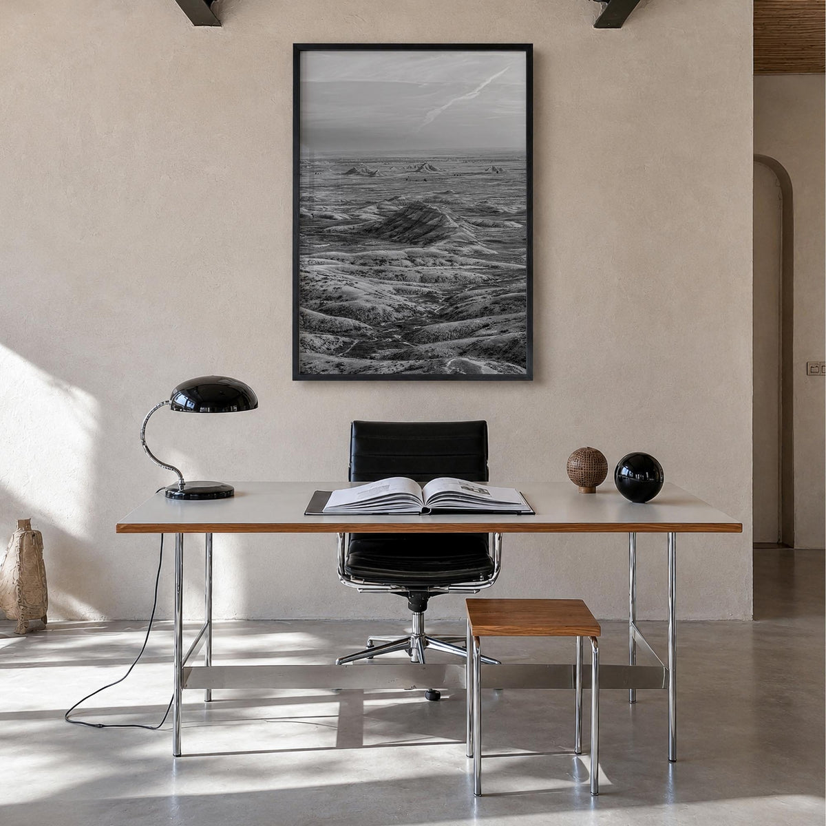 South Dakota black & white photo poster of United States – vertical wall art in black wood frame, hanging on wall