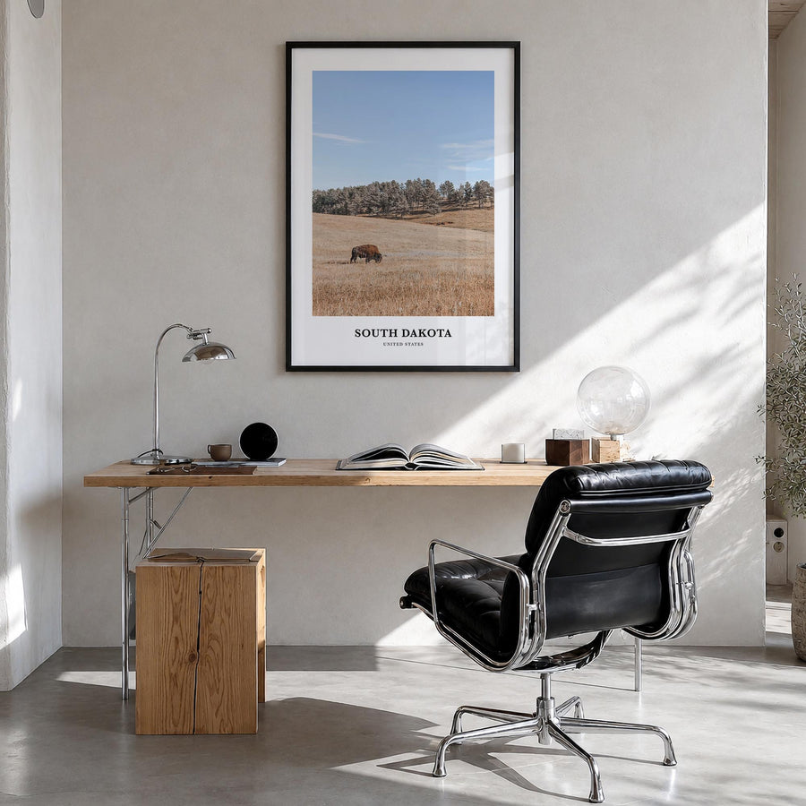 South Dakota colorful classic poster of United States – vertical wall art in black wood frame, hanging on wall