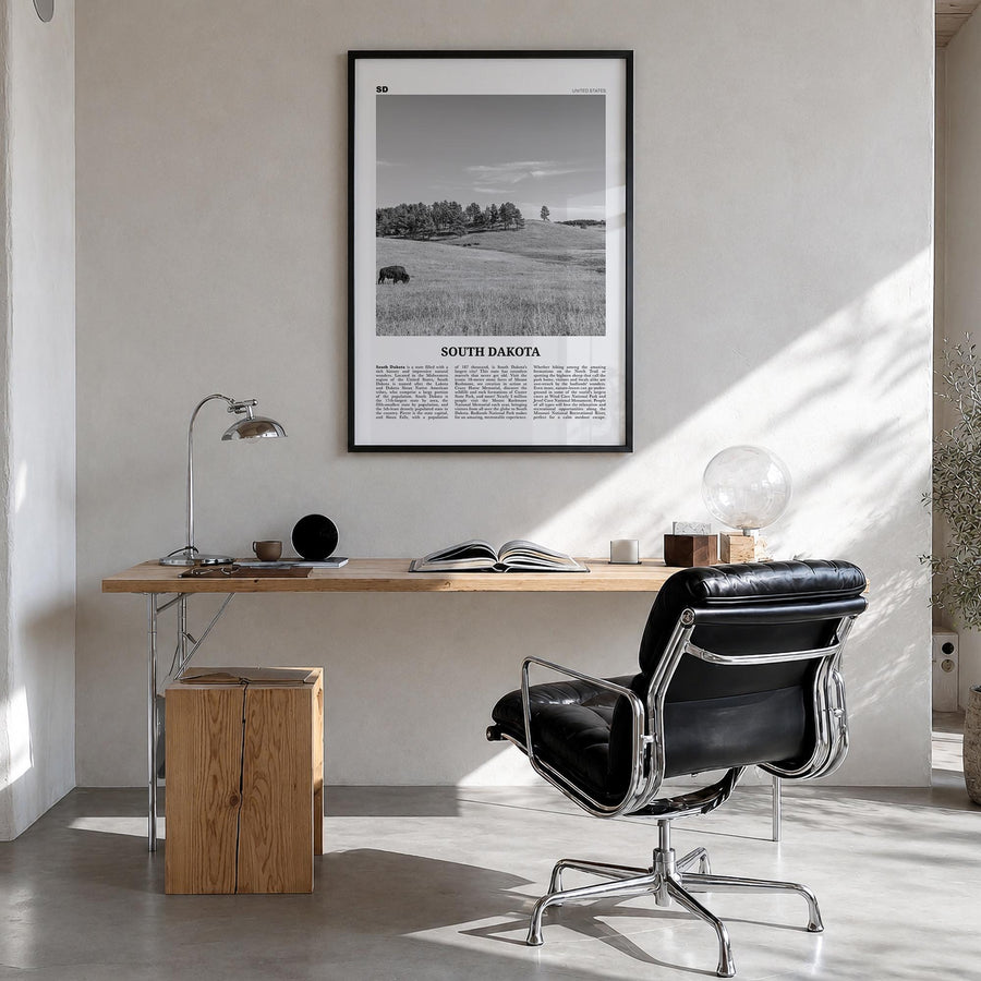 South Dakota no. 1 black & white newspaper poster of United States – vertical wall art in black wood frame, hanging on wall