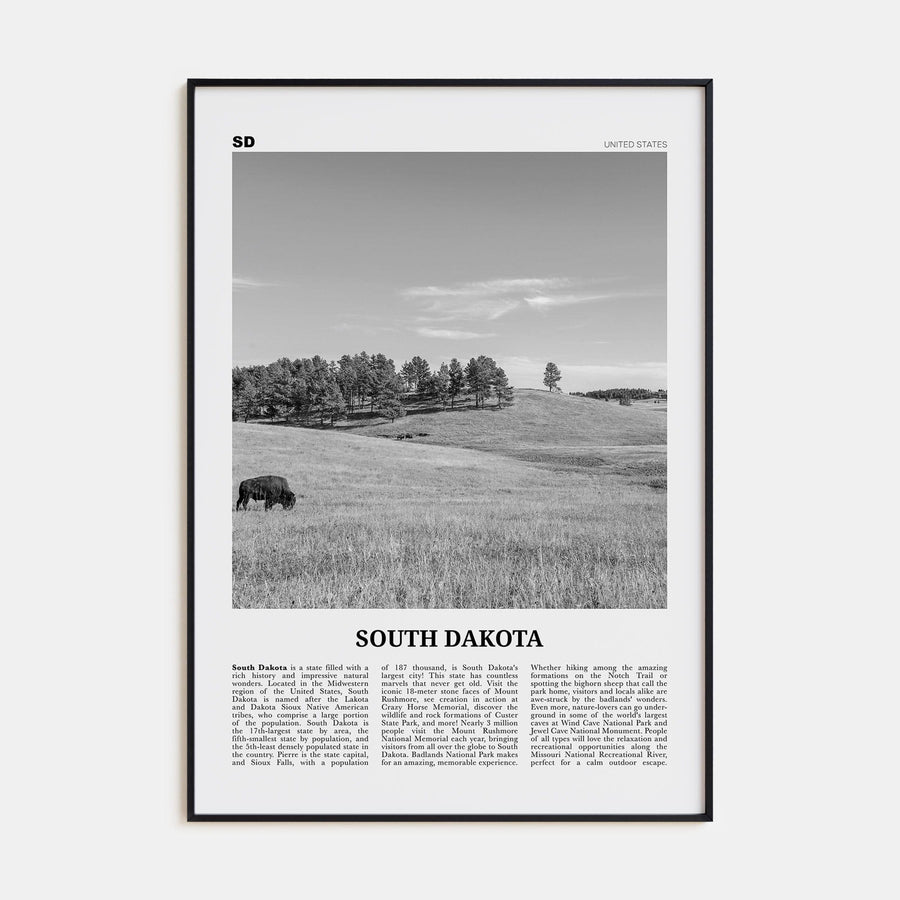 South Dakota No 1 Poster Black Metal / 8x12 in Nbourhood Travel B&W Poster