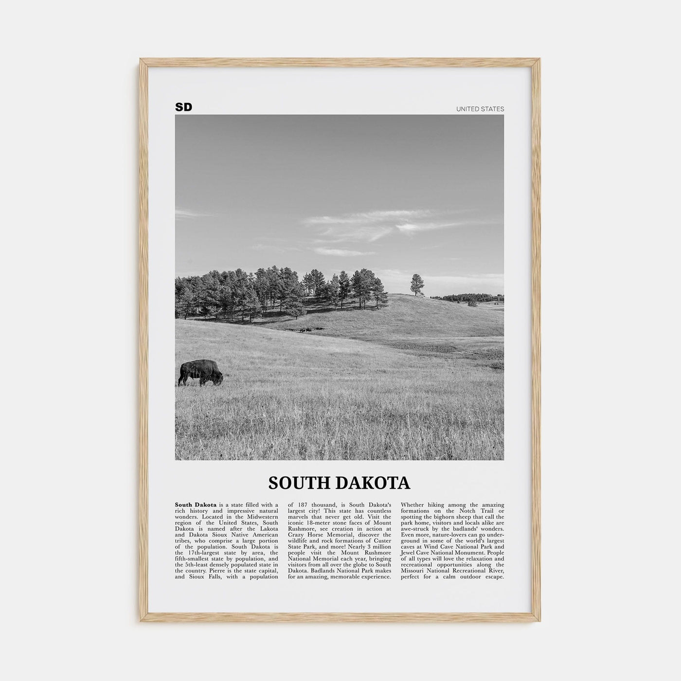 South Dakota No 1 Poster Natural Wood / 8x12 in Nbourhood Travel B&W Poster