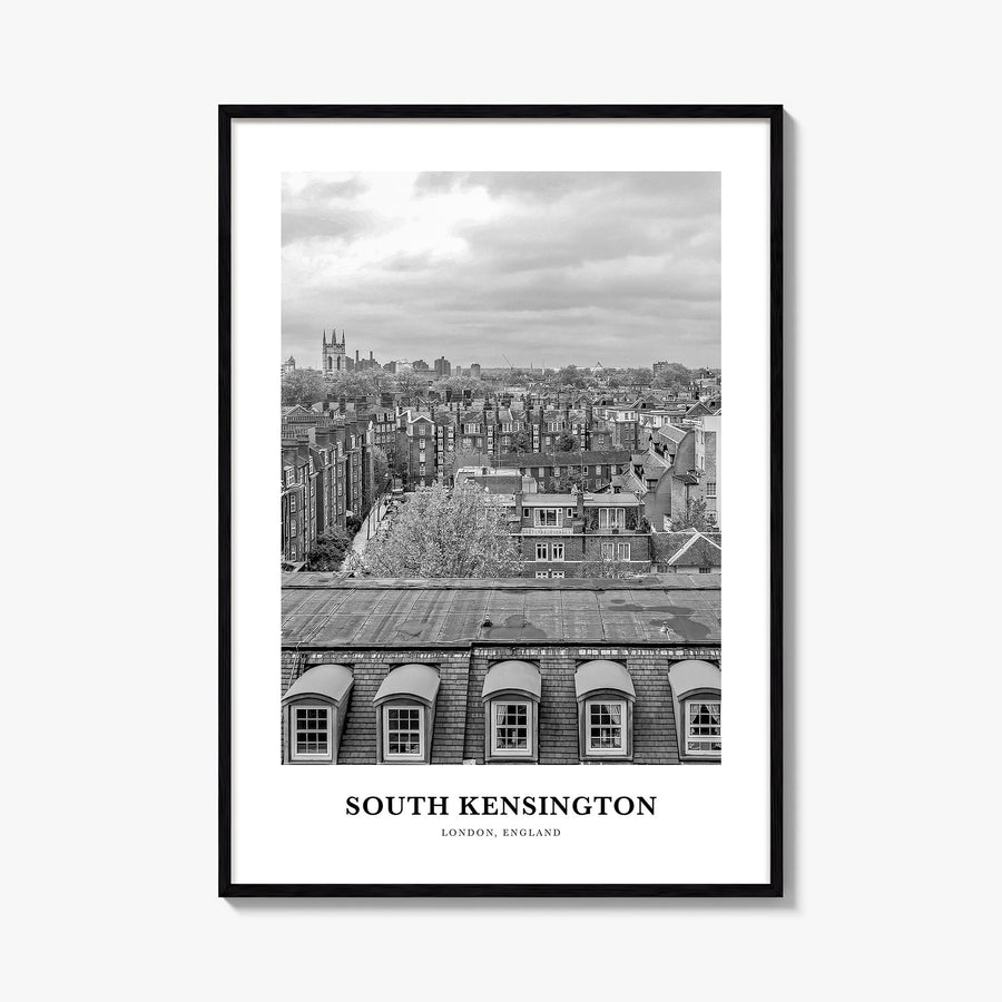 South Kensington black & white classic poster of London, England – vertical wall art, unframed print shown in interior mockup