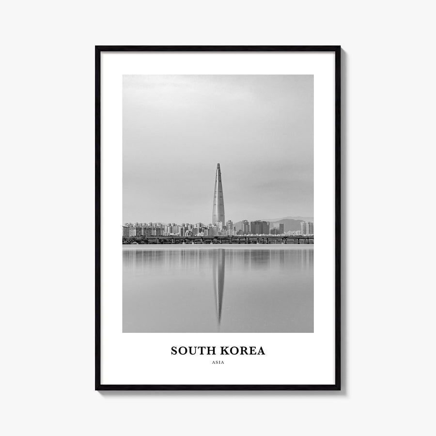 South Korea black & white classic poster of Asia – vertical wall art, unframed print shown in interior mockup