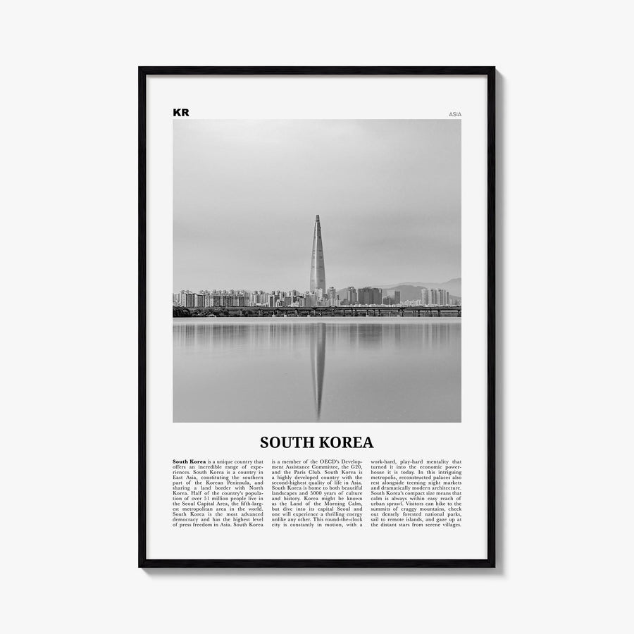 South Korea black & white newspaper poster of Asia – vertical wall art, unframed print shown in interior mockup