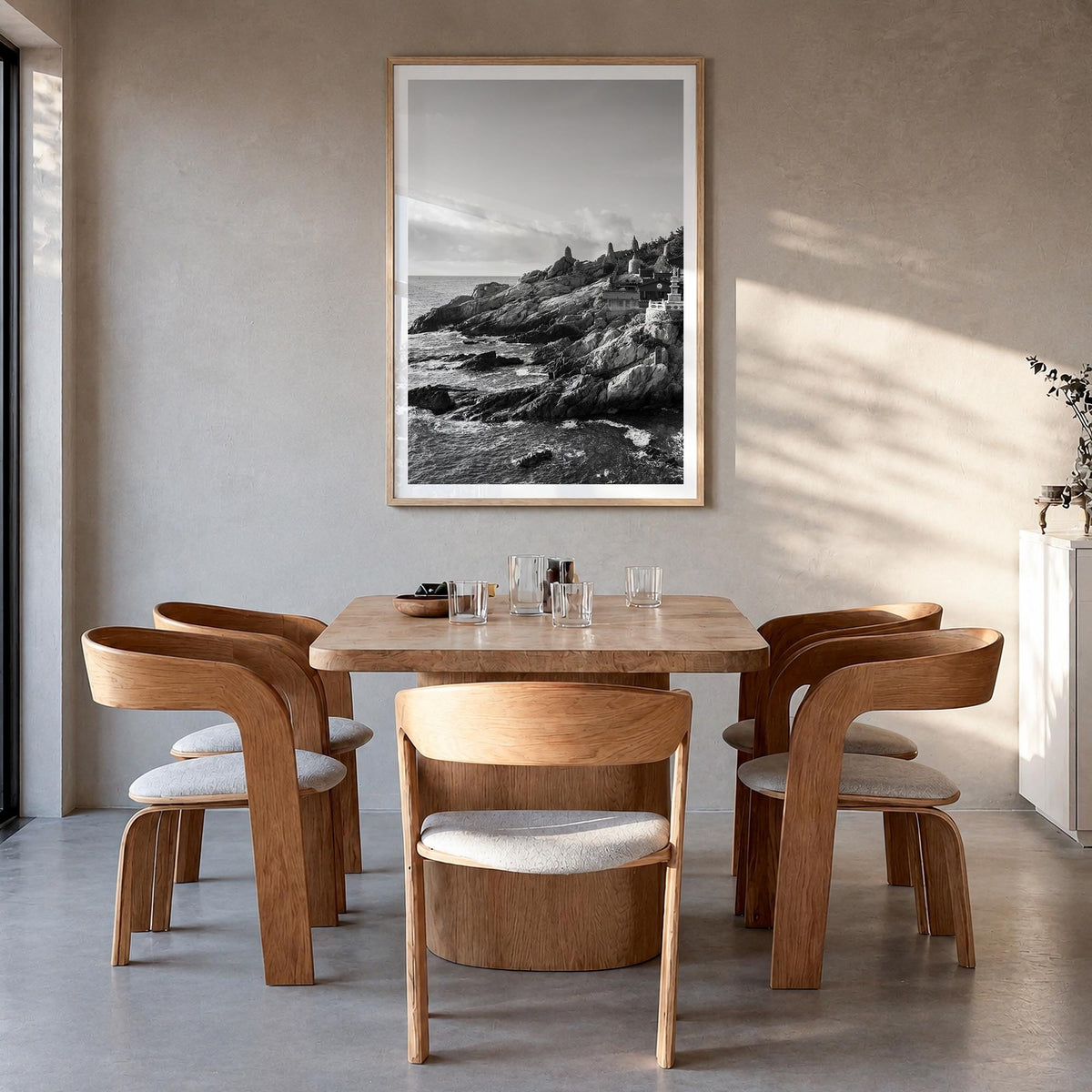 South Korea black & white photo poster of Asia – vertical wall art in natural wood frame with white border, hanging on wall