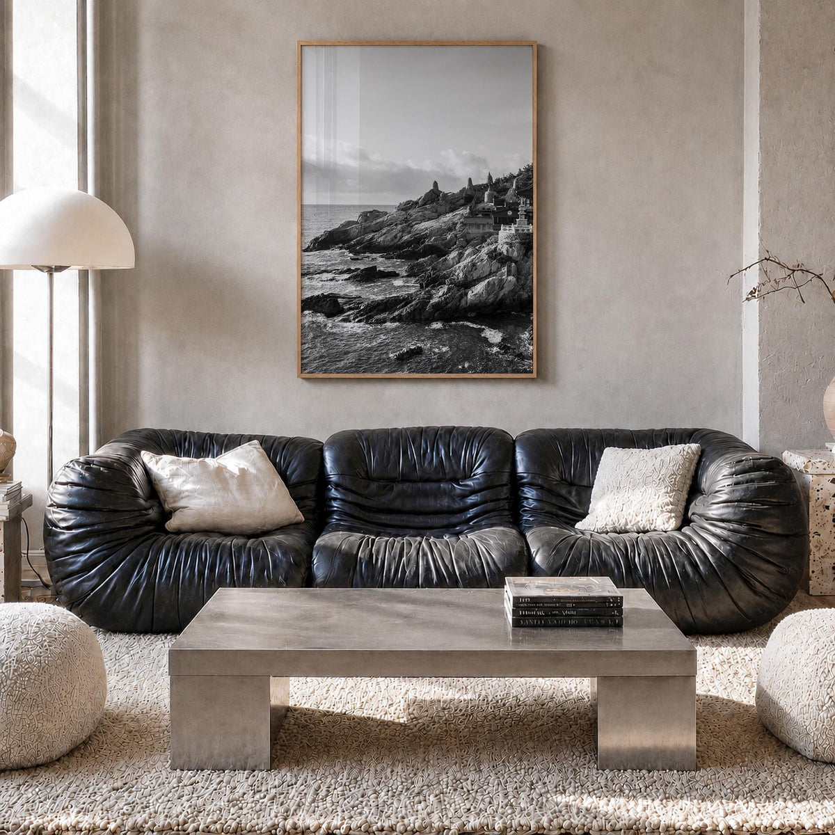 South Korea black & white photo poster of Asia – vertical wall art in natural wood frame, hanging on wall