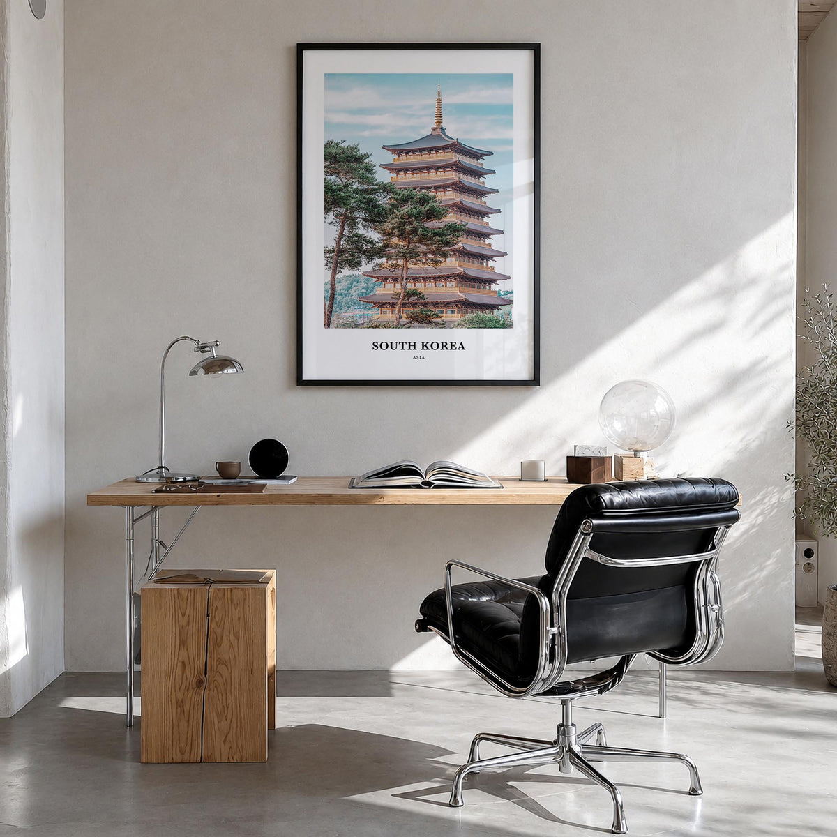 South Korea colorful classic poster of Asia – vertical wall art in black wood frame, hanging on wall