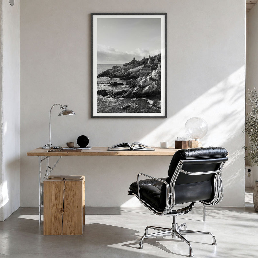 South Korea Photo Poster in a black wood frame, hanging in a bright home office, white border