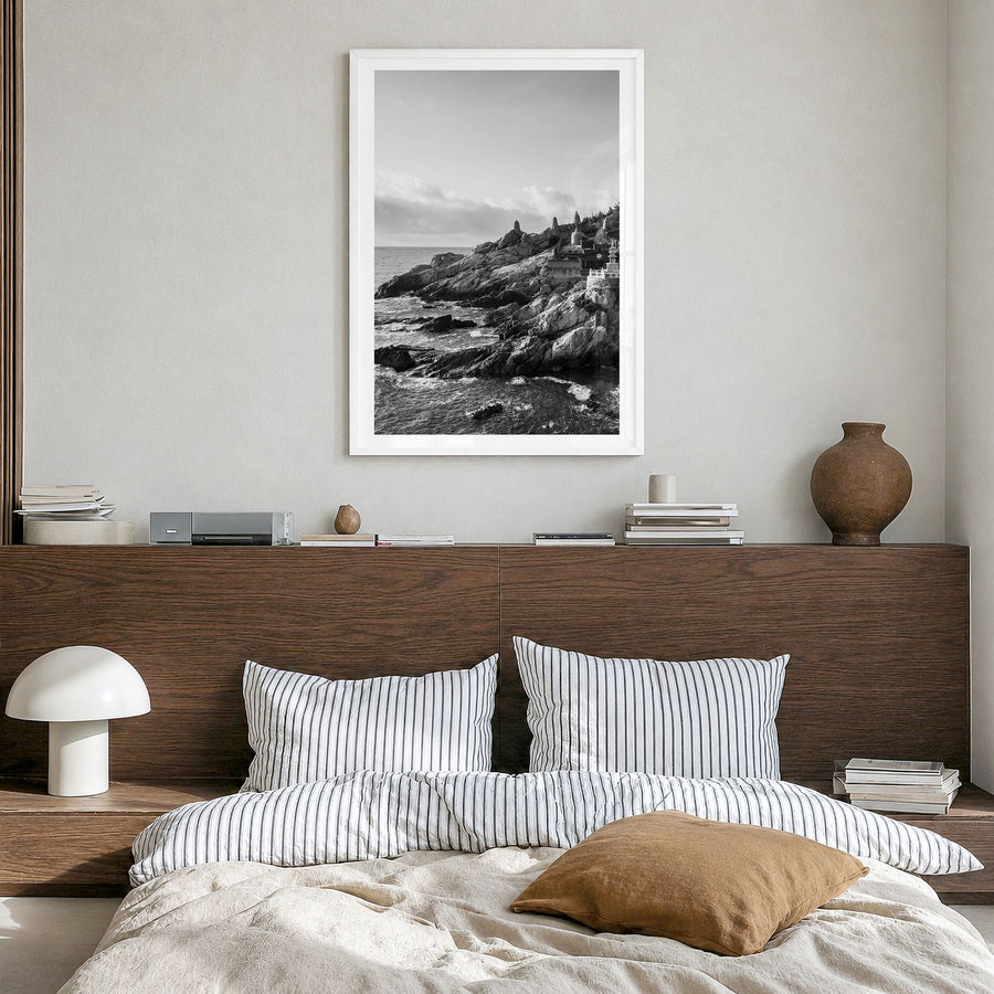South Korea Photo Poster in a white wood frame, hanging in a bedroom, white border