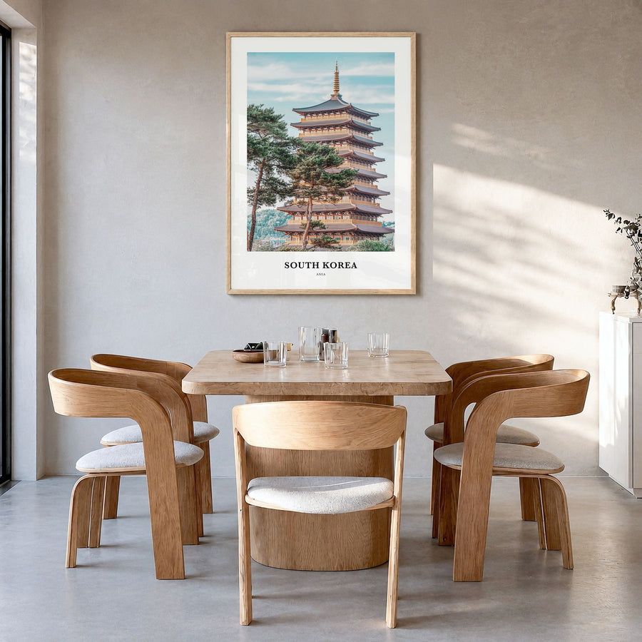 South Korea Classic Poster in a natural wood frame, hanging in a dining room