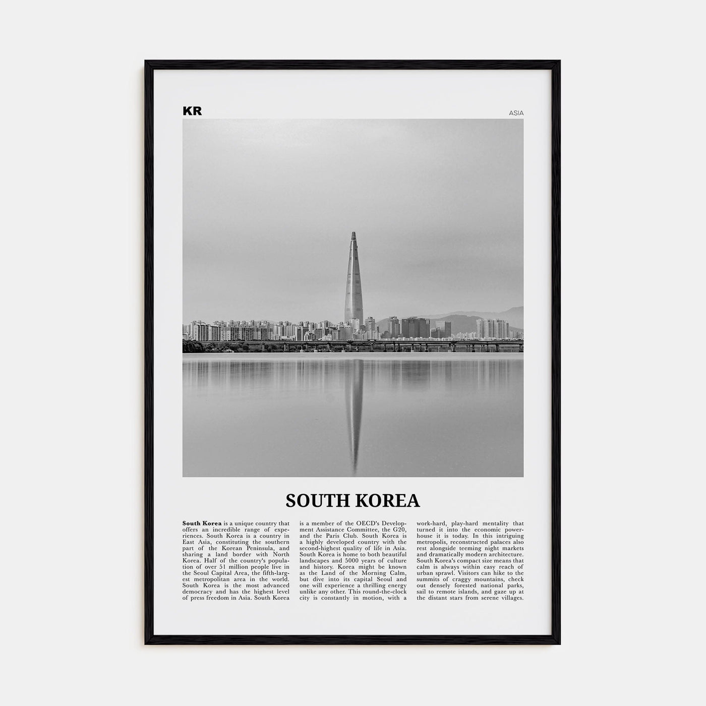 South Korea Poster Black Wood / 8x12 in Nbourhood Travel B&W Poster