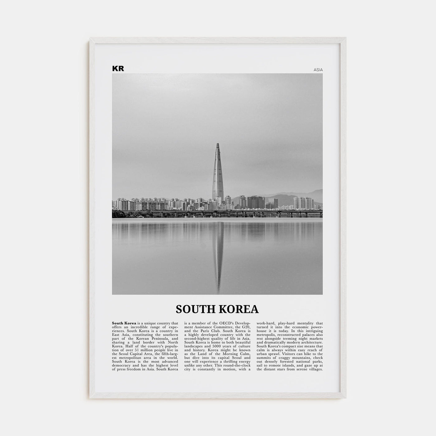 South Korea Poster White Wood / 8x12 in Nbourhood Travel B&W Poster