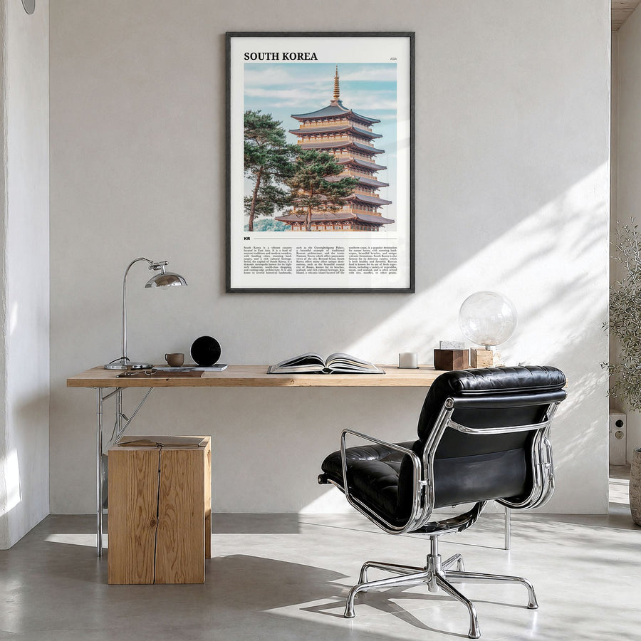 South Korea Travel Poster in a black wood frame, hanging in a bright home office