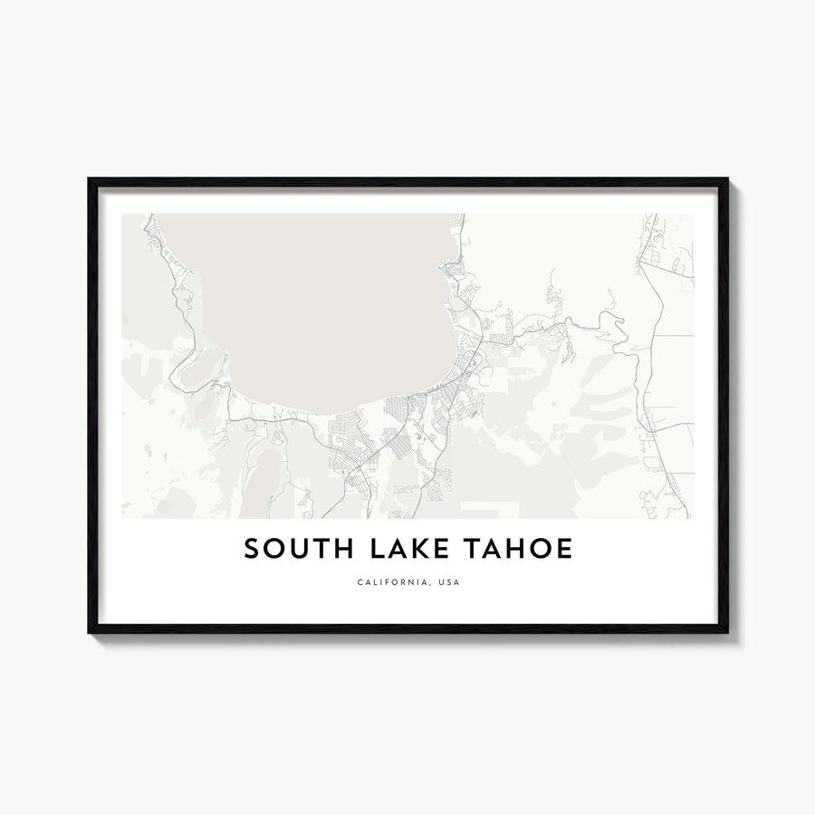 South Lake Tahoe black & white map poster of California, USA – horizontal wall art, unframed print shown in interior mockup