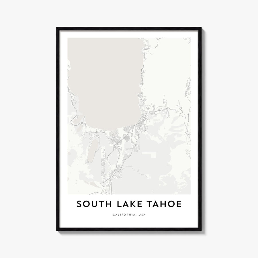 South Lake Tahoe black & white map poster of California, USA – vertical wall art, unframed print shown in interior mockup