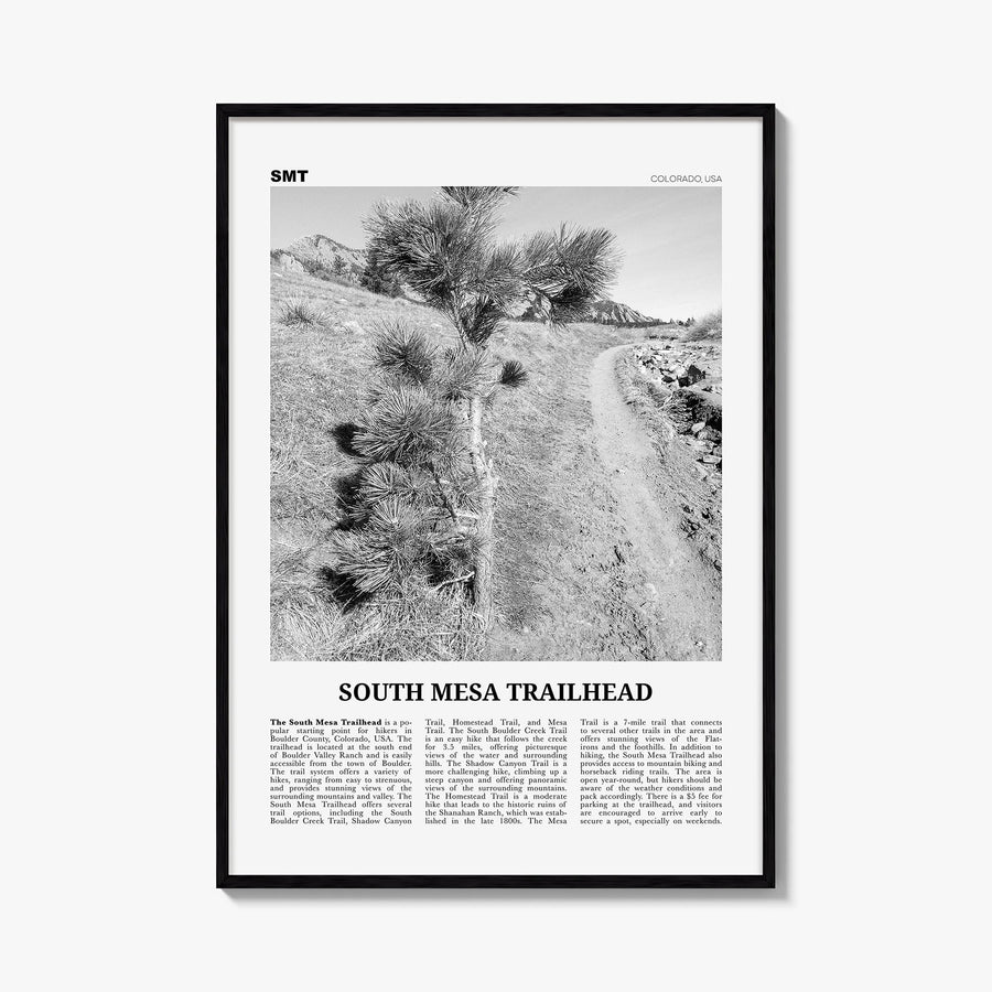 South Mesa Trailhead black & white newspaper poster of Colorado, USA – vertical wall art, unframed print shown in interior mo