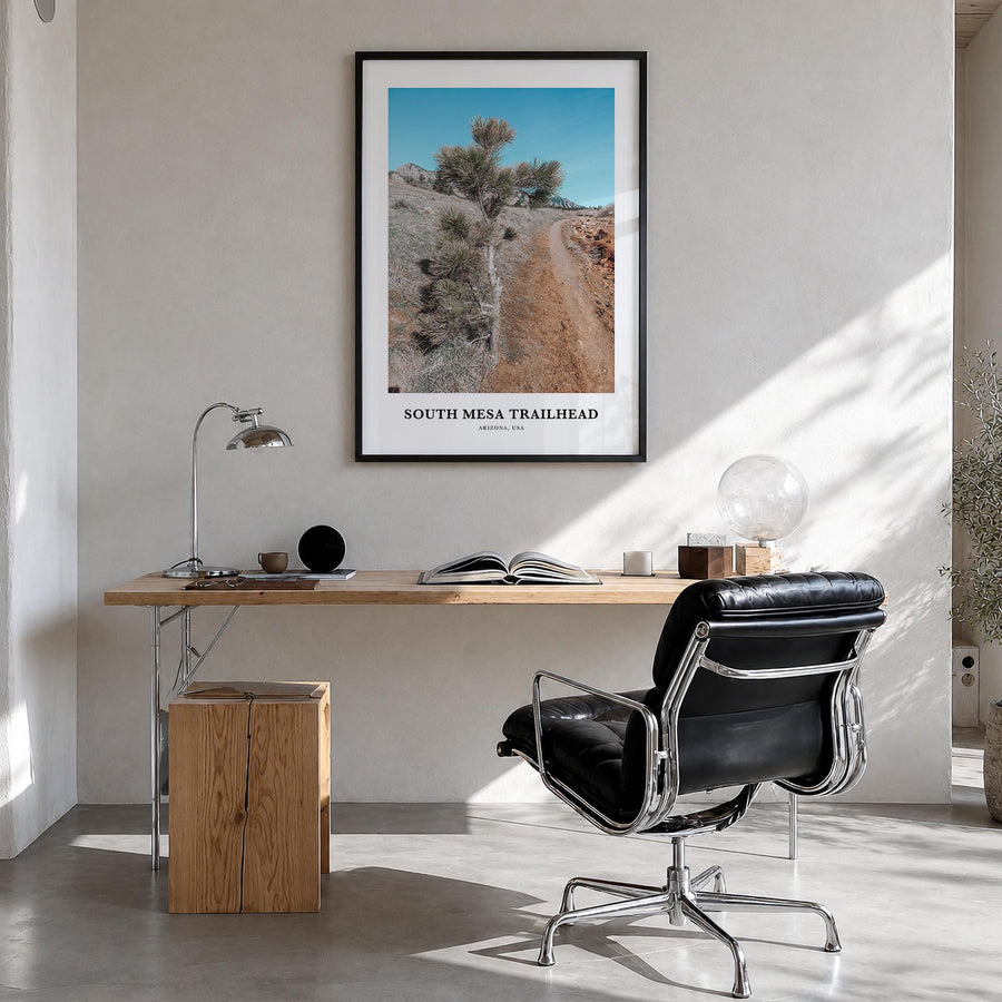 South Mesa Trailhead colorful classic poster of Colorado, USA – vertical wall art in black wood frame, hanging on wall