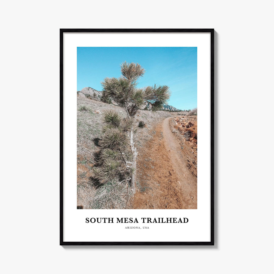 South Mesa Trailhead colorful classic poster of Colorado, USA – vertical wall art, unframed print shown in interior mockup