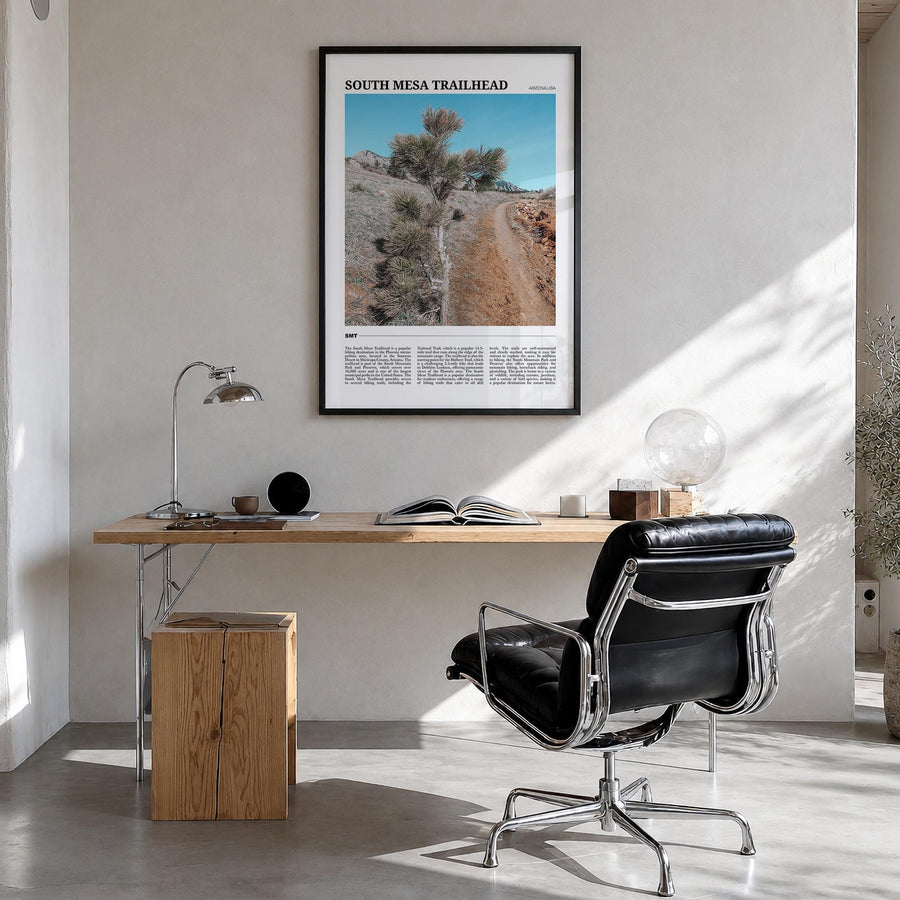 South Mesa Trailhead colorful travel poster of Colorado, USA – vertical wall art in black wood frame, hanging on wall