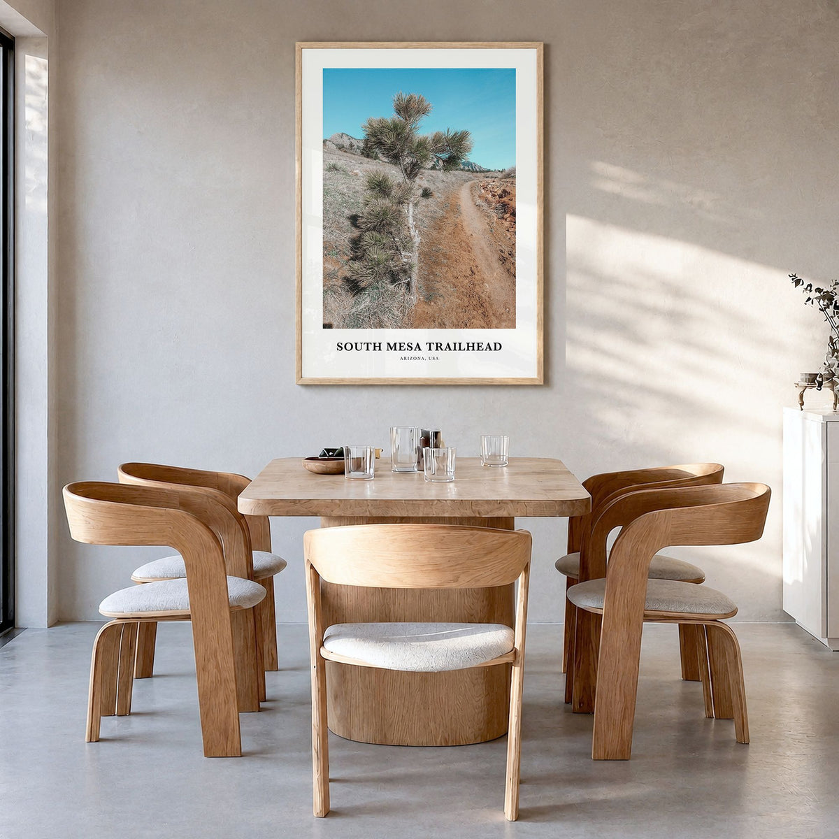 South Mesa Trailhead Classic Poster in a natural wood frame, hanging in a dining room