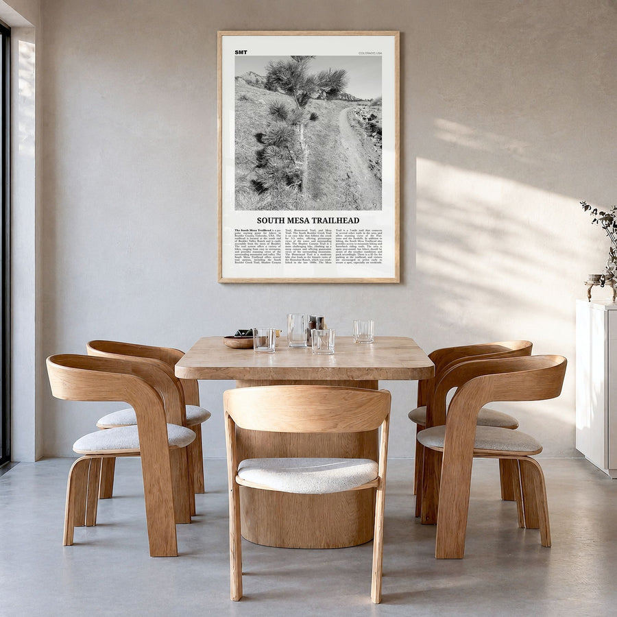 South Mesa Trailhead Newspaper Poster in a natural wood frame, hanging in a dining room