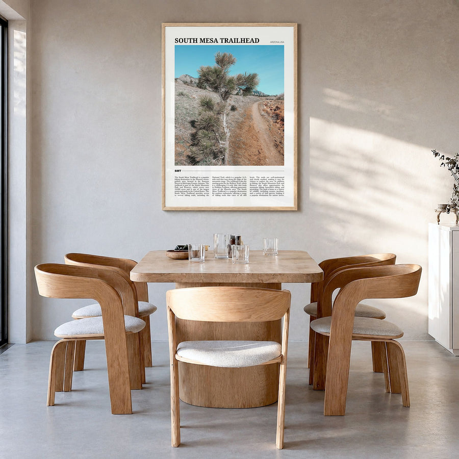 South Mesa Trailhead Travel Poster in a natural wood frame, hanging in a dining room