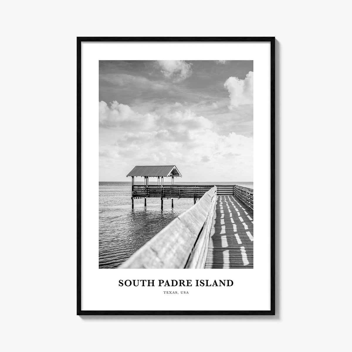 South Padre Island black & white classic poster of Texas, USA – vertical wall art, unframed print shown in interior mockup