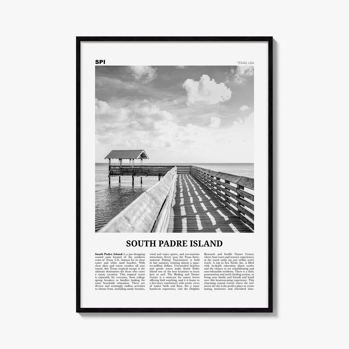 South Padre Island black & white newspaper poster of Texas, USA – vertical wall art, unframed print shown in interior mockup