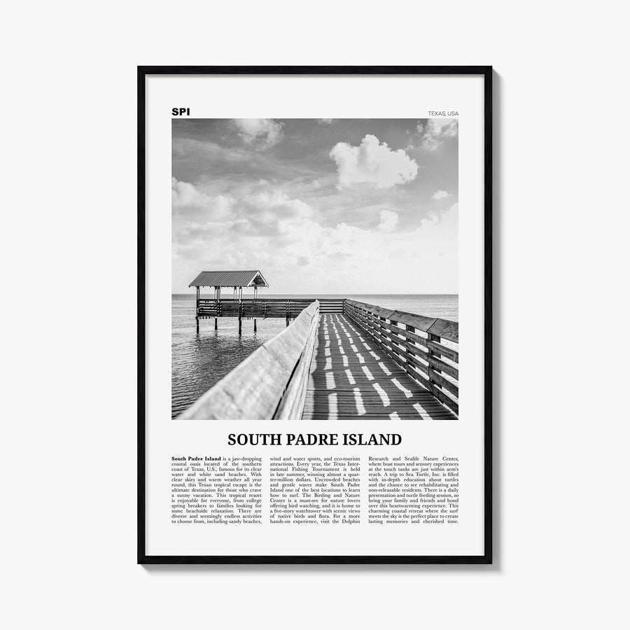 South Padre Island black & white newspaper poster of Texas, USA – vertical wall art, unframed print shown in interior mockup