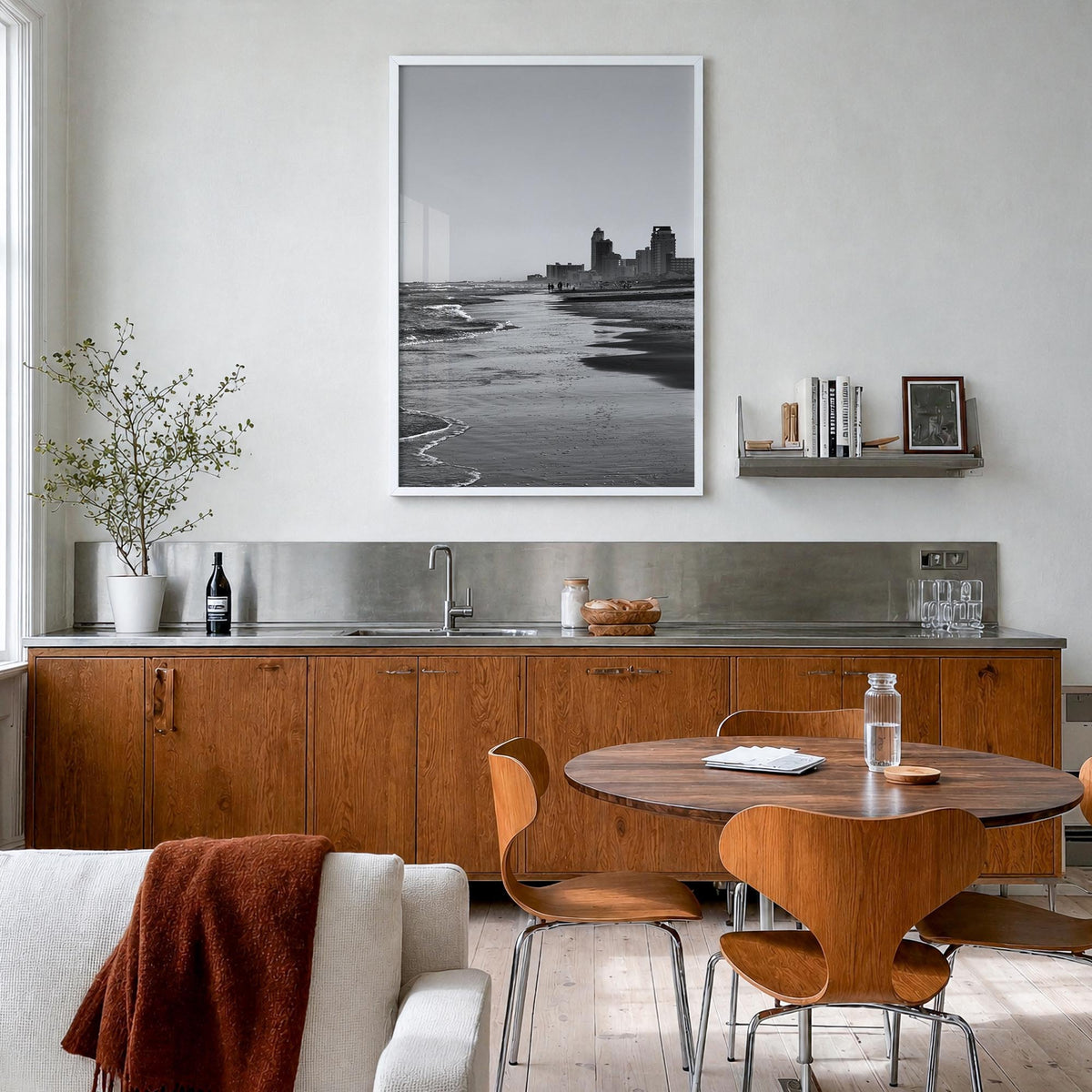 South Padre Island black & white photo poster of Texas, USA – vertical wall art in white wood frame, hanging on wall