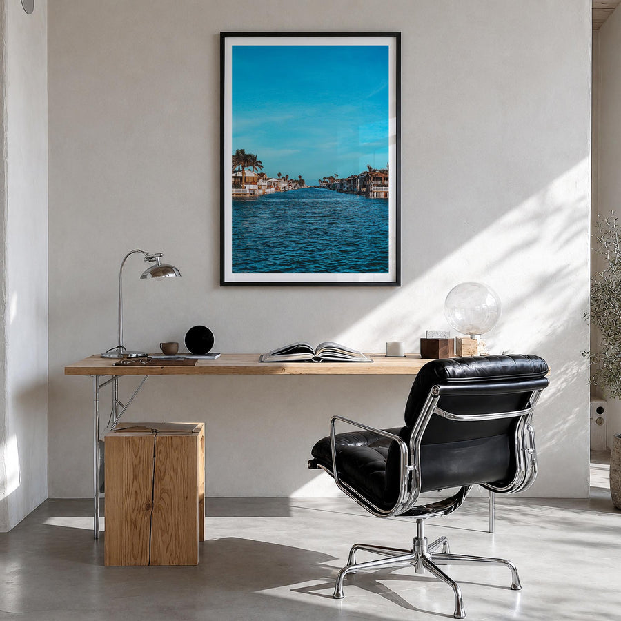 South Padre Island colorful photo poster of Texas, USA – vertical wall art in black wood frame with white border, hanging on 