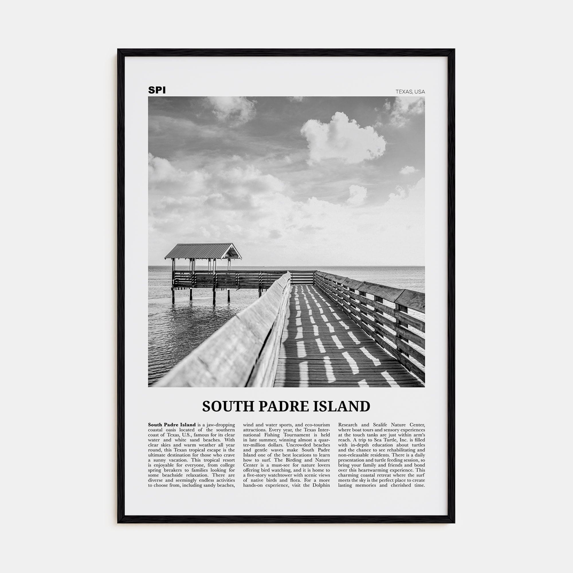 South Padre Island Poster Black Wood / 8x12 in Nbourhood Travel B&W Poster