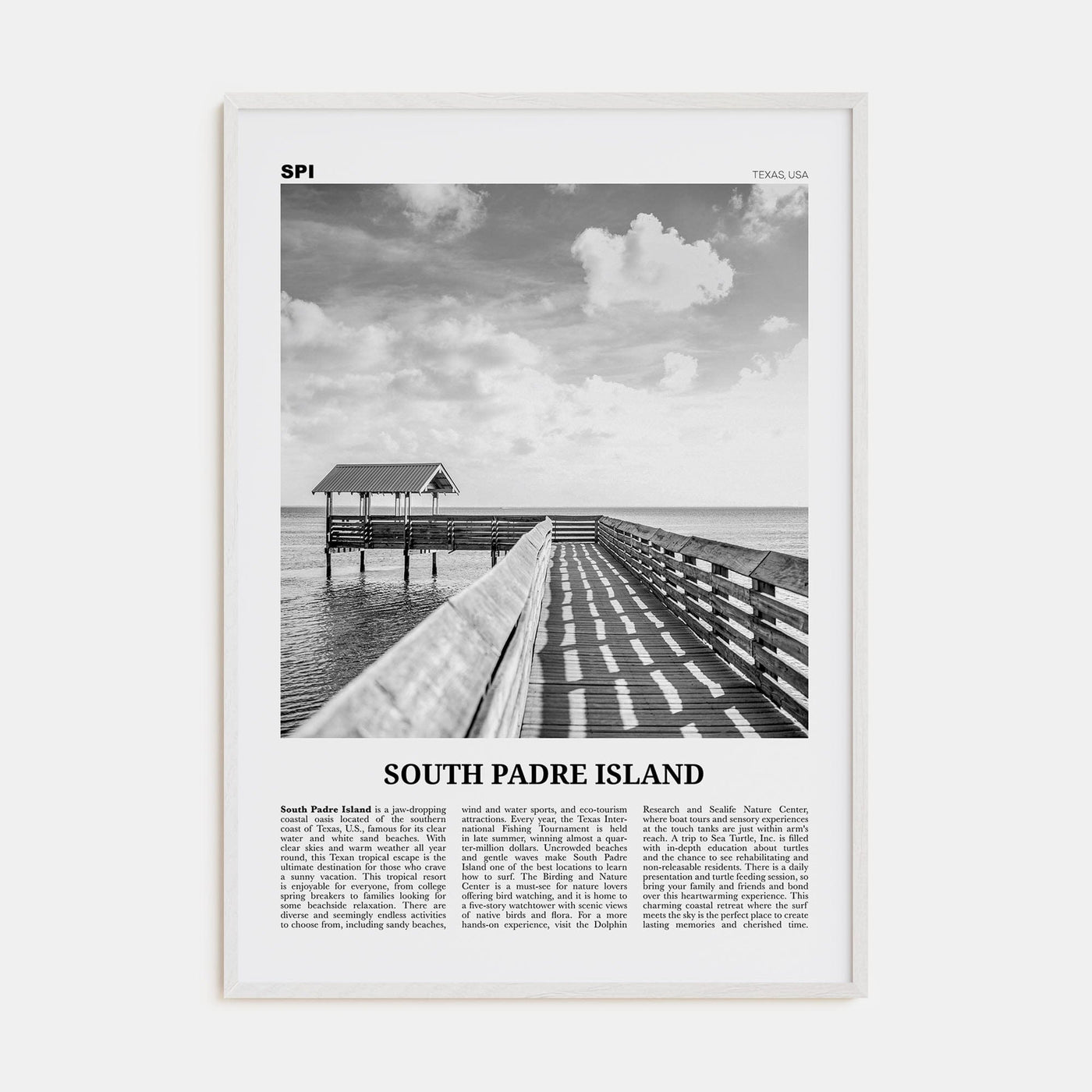 South Padre Island Poster White Wood / 8x12 in Nbourhood Travel B&W Poster