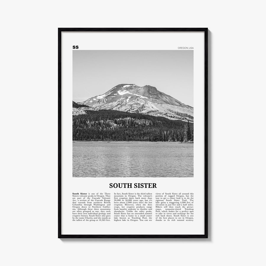 South Sister black & white newspaper poster of Oregon, USA – vertical wall art, unframed print shown in interior mockup