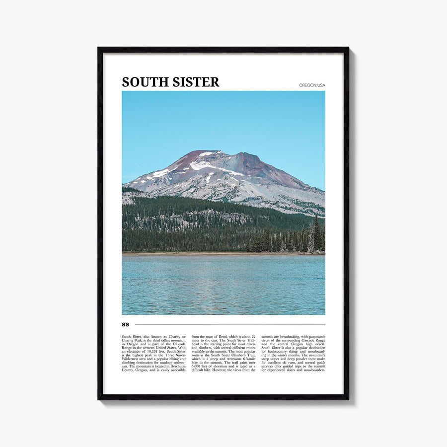 South Sister colorful travel poster of Oregon, USA – vertical wall art, unframed print shown in interior mockup