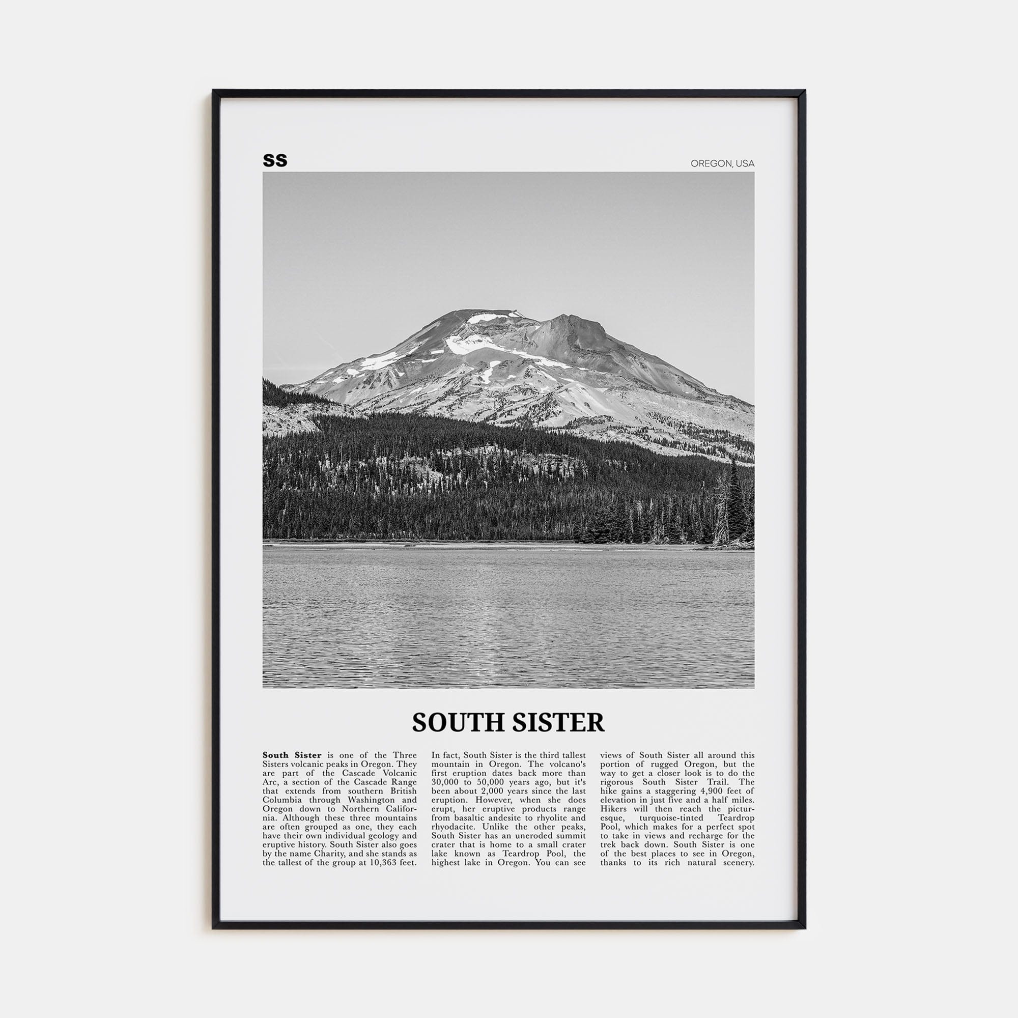South Sister Poster Black Metal / 8x12 in Nbourhood Travel B&W Poster