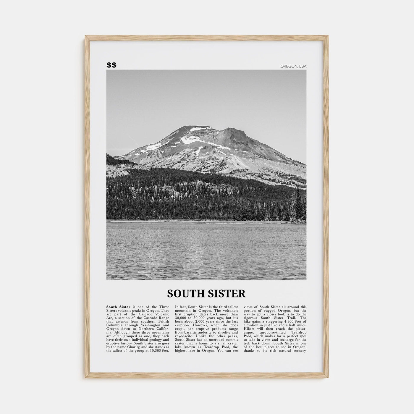 South Sister Poster Natural Wood / 8x12 in Nbourhood Travel B&W Poster